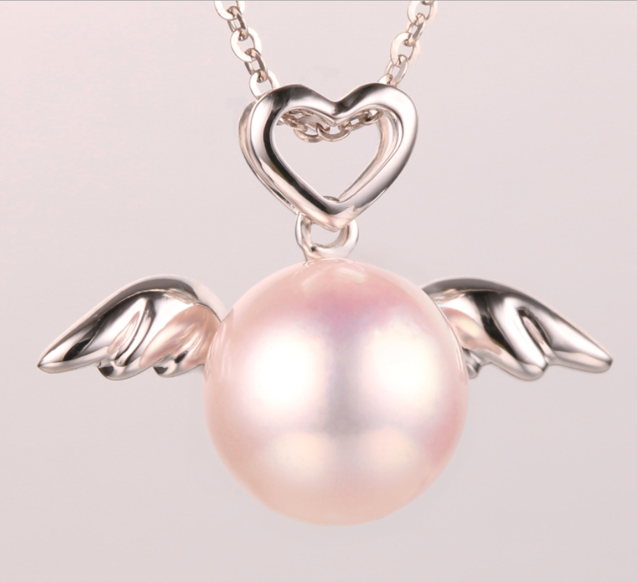 Real gold 14k solid gold pearl pendant setting CZ cubic zirconia the angel wing, Yellow gold Xaxe.com