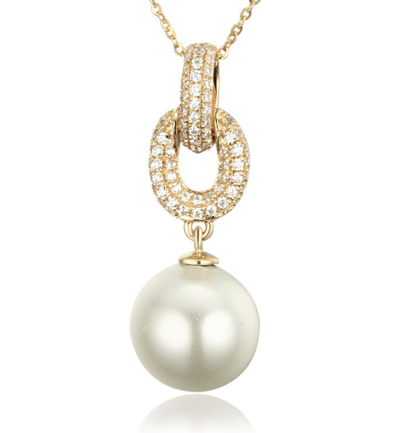 Real gold 14k solid gold pearl pendant setting CZ cubic zirconia the chain , Yellow gold Xaxe.com