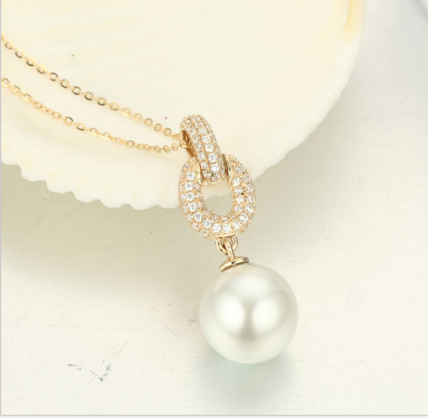 Real gold 14k solid gold pearl pendant setting CZ cubic zirconia the chain , Yellow gold Xaxe.com