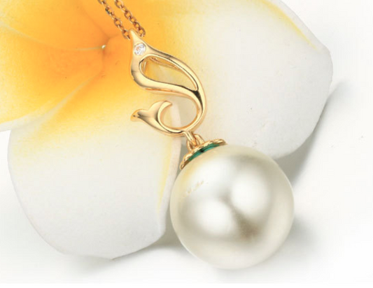 Real gold 14k solid gold pearl pendant setting CZ cubic zirconia the dolphin, Yellow gold Xaxe.com