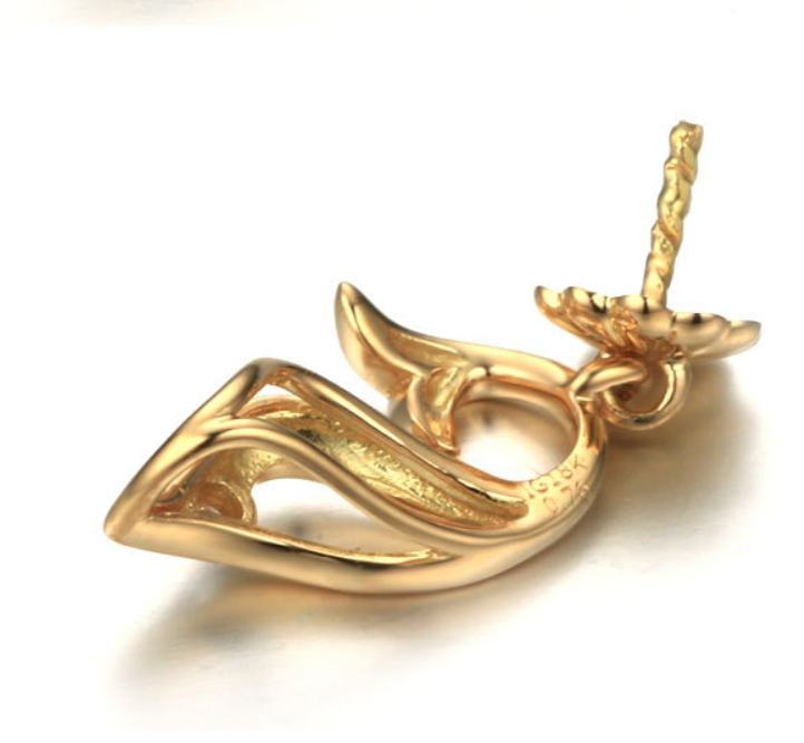 Real gold 14k solid gold pearl pendant setting CZ cubic zirconia the dolphin, Yellow gold Xaxe.com