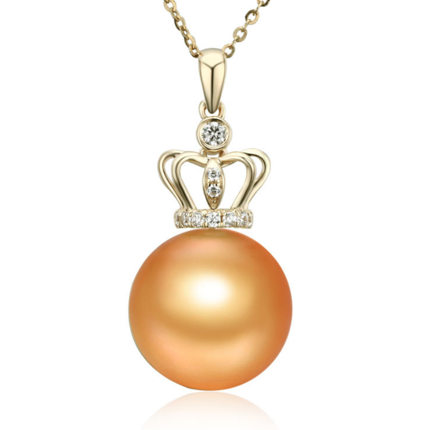 Real gold 14k solid gold pearl pendant setting CZ cubic zirconia the shining crown, Yellow gold Xaxe.com
