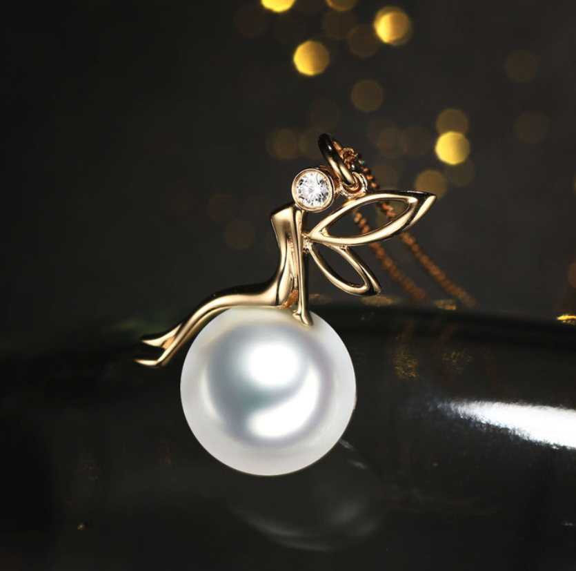 Real gold 14k solid gold pearl pendant setting angel lady CZ cubic zirconia , Yellow gold Xaxe.com