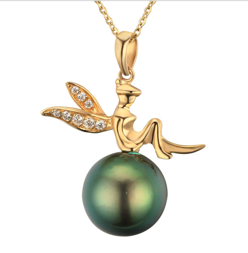Real gold 14k solid gold pearl pendant setting fairy lady CZ cubic zirconia , Yellow gold Xaxe.com