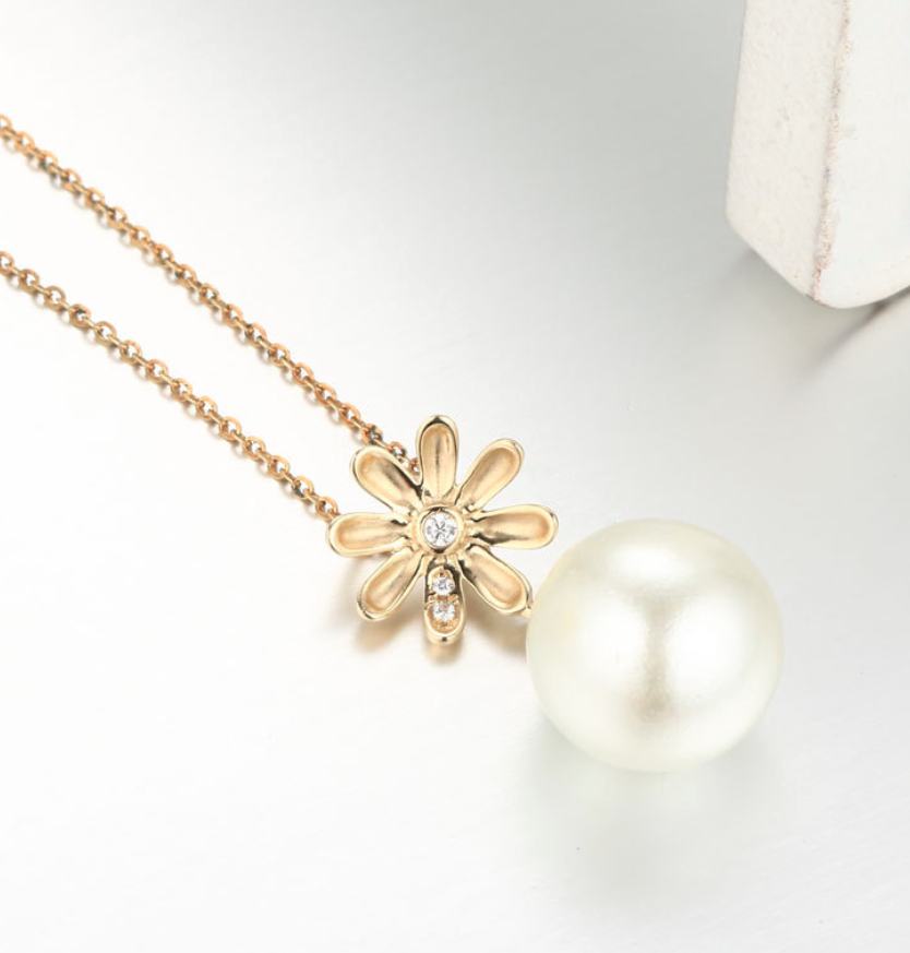 Real gold 14k solid gold pearl pendant setting floral shape , Yellow gold Xaxe.com