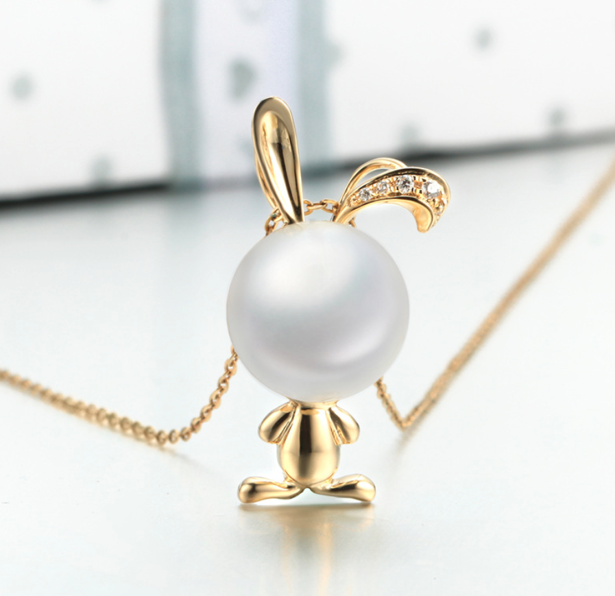 Real gold 14k solid gold pearl pendant setting the bunny CZ cubic zirconia , Yellow gold Xaxe.com