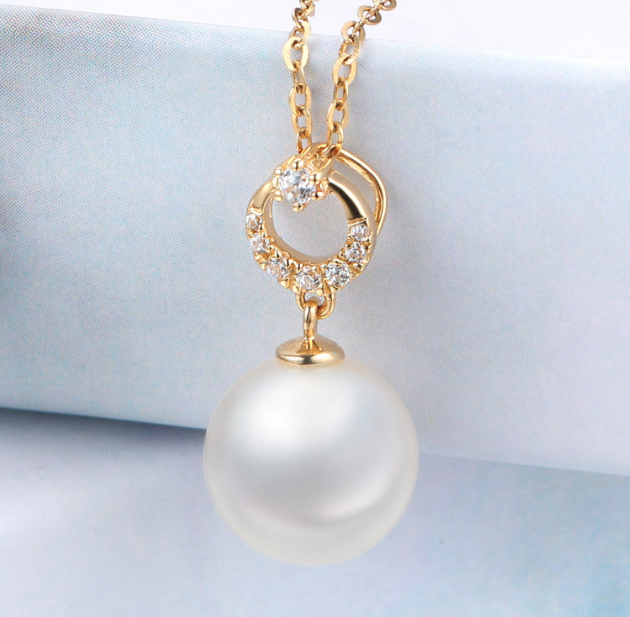 Real gold 14k solid gold pearl pendant setting the circle shape CZ cubic zirconia , Yellow gold Xaxe.com
