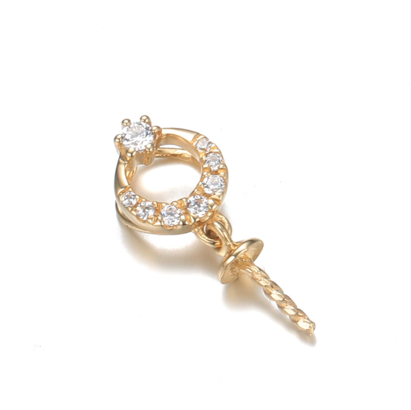 Real gold 14k solid gold pearl pendant setting the circle shape CZ cubic zirconia , Yellow gold Xaxe.com