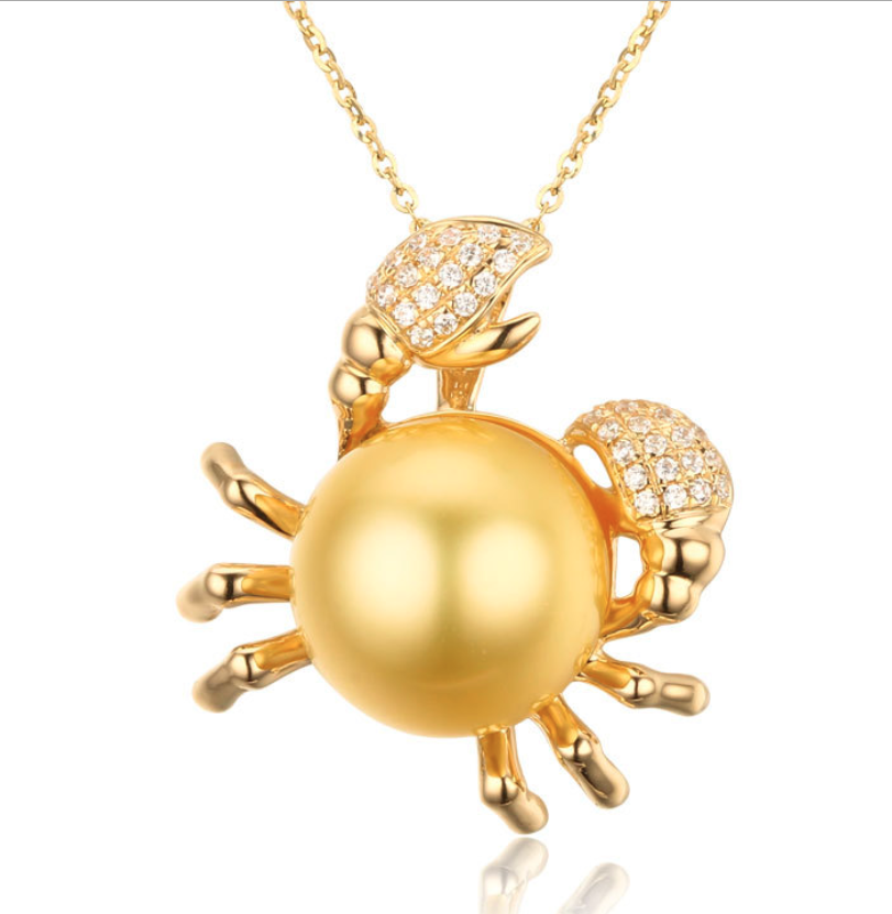 Real gold 14k solid gold pearl pendant setting the crab CZ cubic zirconia , Yellow gold Xaxe.com