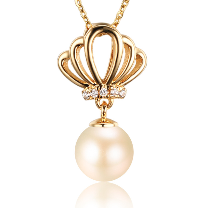 Real gold 14k solid gold pearl pendant setting the crown CZ cubic zirconia , Yellow gold Xaxe.com