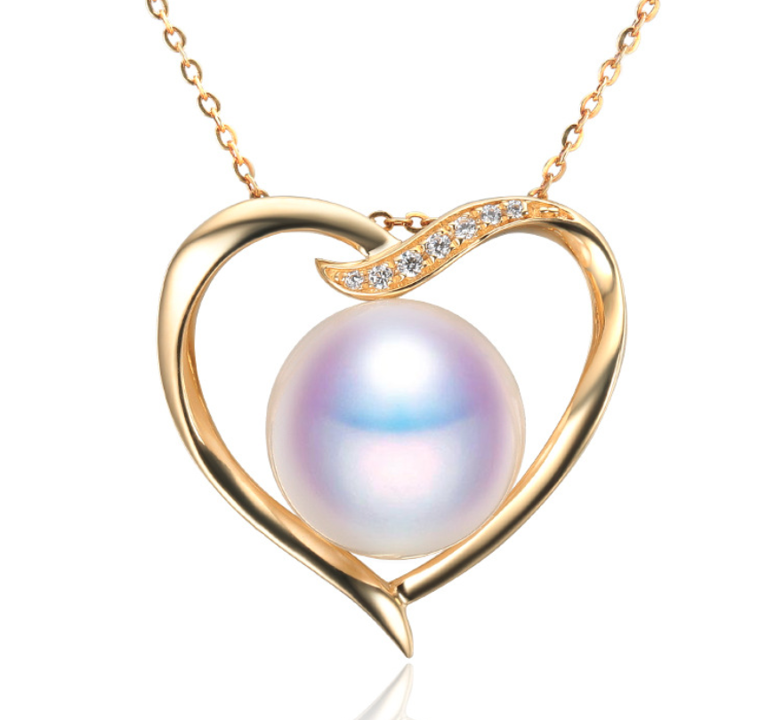 Real gold 14k solid gold pearl pendant setting the heart shape CZ cubic zirconia , Yellow gold Xaxe.com