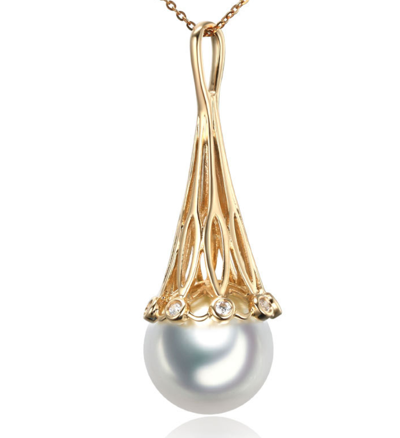 Real gold 14k solid gold pearl pendant setting the hollow horn CZ cubic zirconia , Yellow gold Xaxe.com