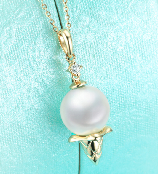 Real gold 14k solid gold pearl pendant setting the ice cream CZ cubic zirconia , Yellow gold Xaxe.com