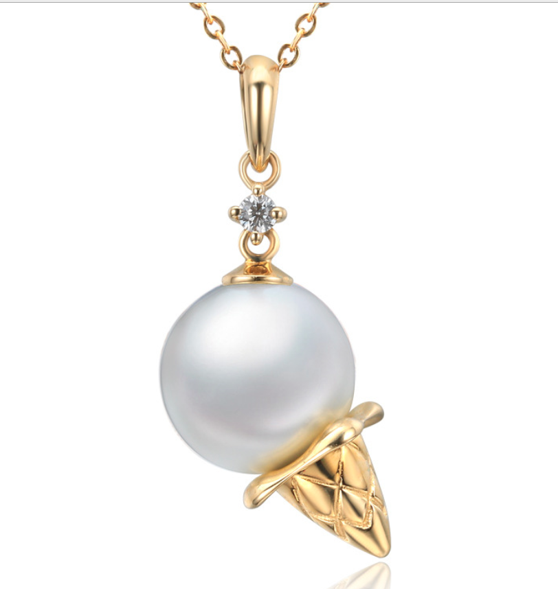 Real gold 14k solid gold pearl pendant setting the ice cream CZ cubic zirconia , Yellow gold Xaxe.com