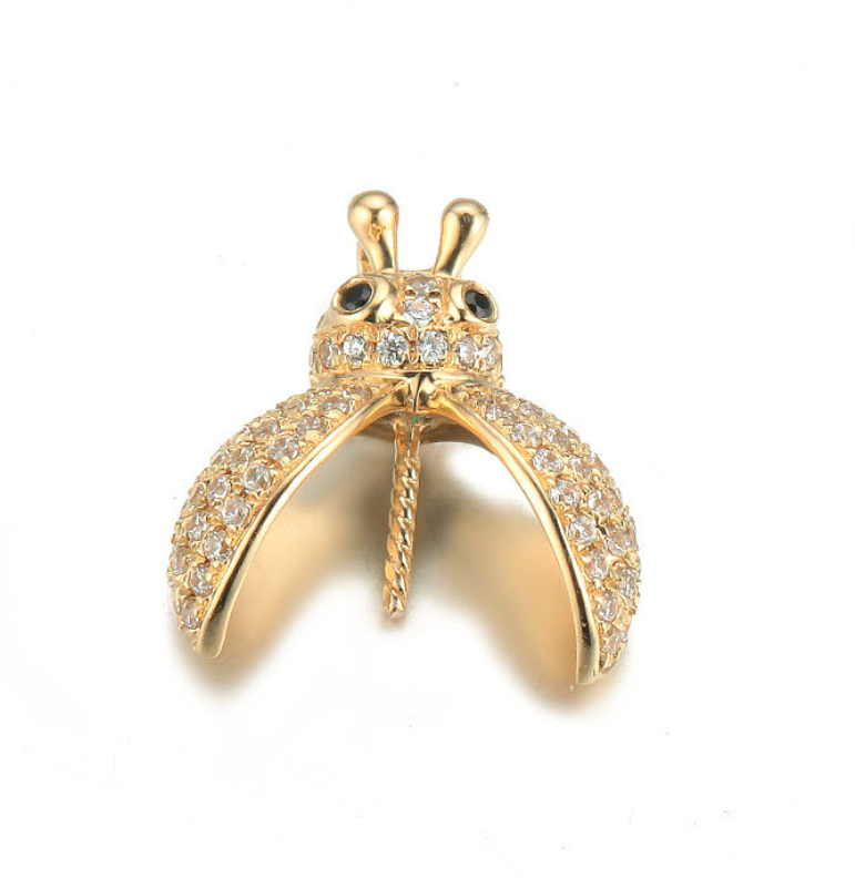 Real gold 14k solid gold pearl pendant setting the ladybug CZ cubic zirconia , Yellow gold Xaxe.com