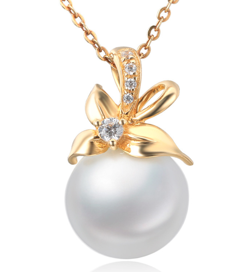 Real gold 14k solid gold pearl pendant setting the tulip floral CZ cubic zirconia , Yellow gold Xaxe.com
