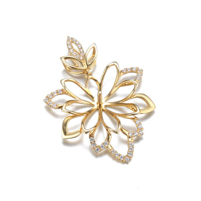 Real gold 14k solid gold pendant setting CZ cubic zirconia ins stylish the floral, Yellow gold Xaxe.com