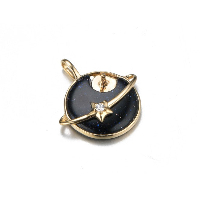 Real gold 14k solid gold pendant setting CZ cubic zirconia ins stylish the planet, Yellow gold Xaxe.com