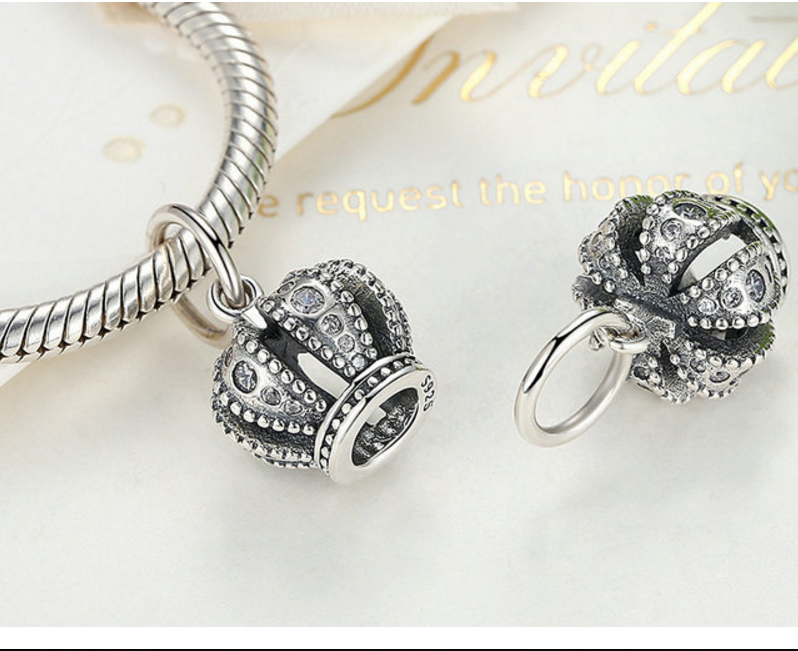 Sterling 925 silver charm CROWN bead pendant fits European charm bracelet Xaxe.com