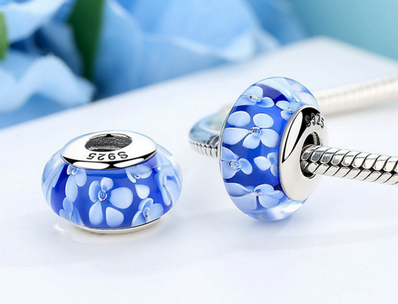 Sterling 925 silver charm China blue floral murano bead pendant fits European bracelet Xaxe.com