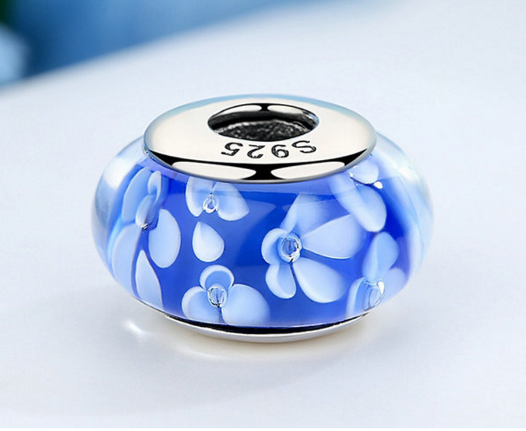 Sterling 925 silver charm China blue floral murano bead pendant fits European bracelet Xaxe.com