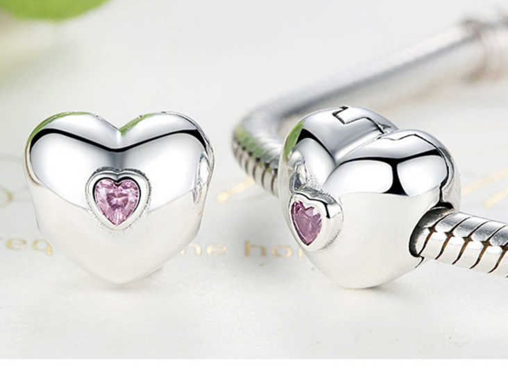Sterling 925 silver charm Heart pink bead fits European charm bracelet Xaxe.com