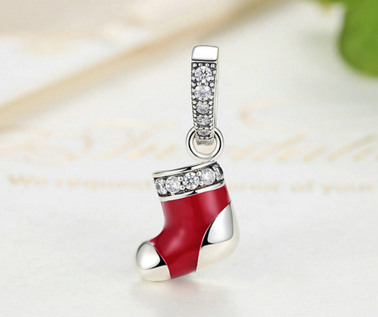 Sterling 925 silver charm Xmas red socks bead pendant fits Pandora charm and European charm bracelet Xaxe.com