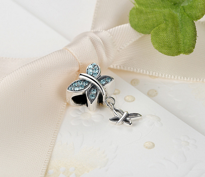 Sterling 925 silver charm blue butterfly bead pendant fits European charm bracelet Xaxe.com