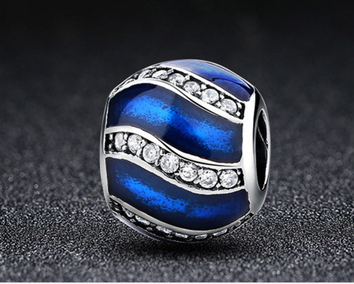 Sterling 925 silver charm blue wave bead pendant fits European charm bracelet Xaxe.com