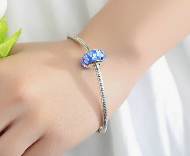 Sterling 925 silver charm blue wave murano bead pendant fits European bracelet Xaxe.com