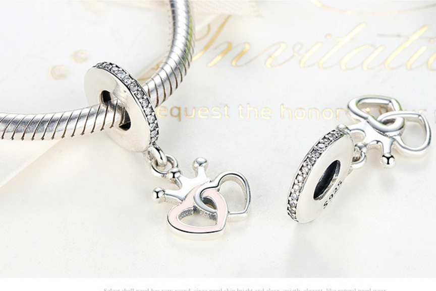 Sterling 925 silver charm crown heart bead pendant fits Pandora charm and European charm bracelet Xaxe.com