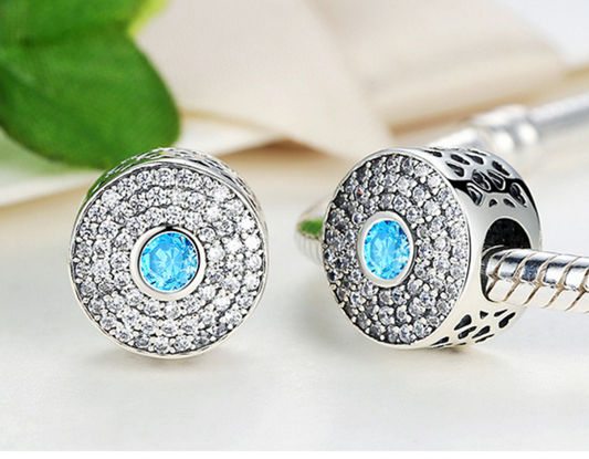 Sterling 925 silver charm double face zircon blue  bead pendant fits European charm bracelet Xaxe.com