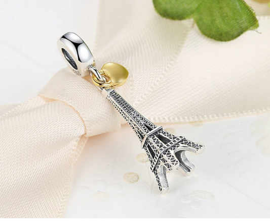 Sterling 925 silver charm eiffel tower gold lock bead pendant fits Pandora charm and European charm bracelet Xaxe.com