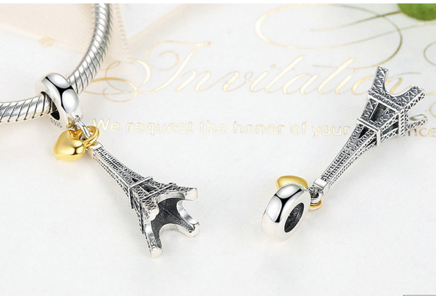 Sterling 925 silver charm eiffel tower gold lock bead pendant fits Pandora charm and European charm bracelet Xaxe.com