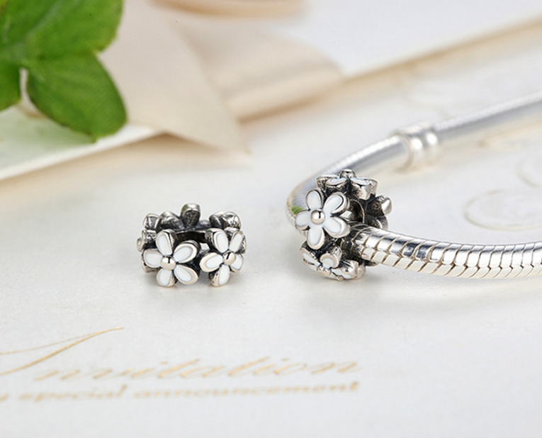 Sterling 925 silver charm floral blanc bead pendant fits European style bracelet Xaxe.com