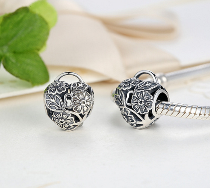 Sterling 925 silver charm floral heart bead pendant fits European bracelet Xaxe.com