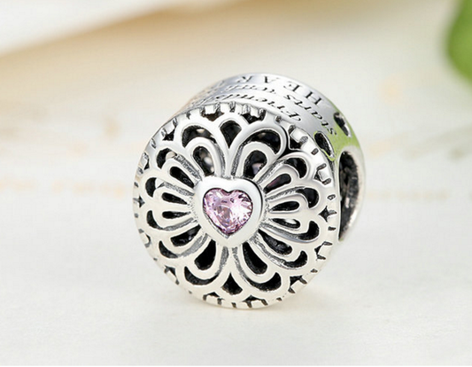 Sterling 925 silver charm floral pink heart bead pendant fits Pandora charm and European charm bracelet Xaxe.com