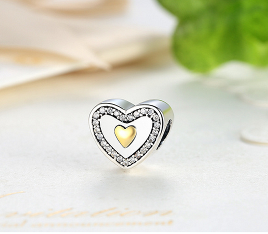 Sterling 925 silver charm gold heart  bead pendant fits European style bracelet Xaxe.com