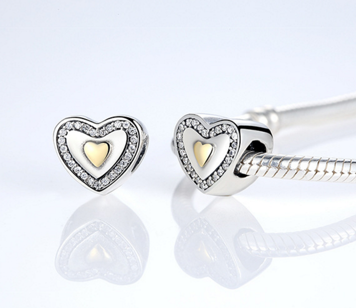 Sterling 925 silver charm gold heart  bead pendant fits European style bracelet Xaxe.com