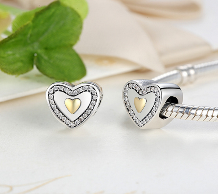 Sterling 925 silver charm gold heart  bead pendant fits European style bracelet Xaxe.com