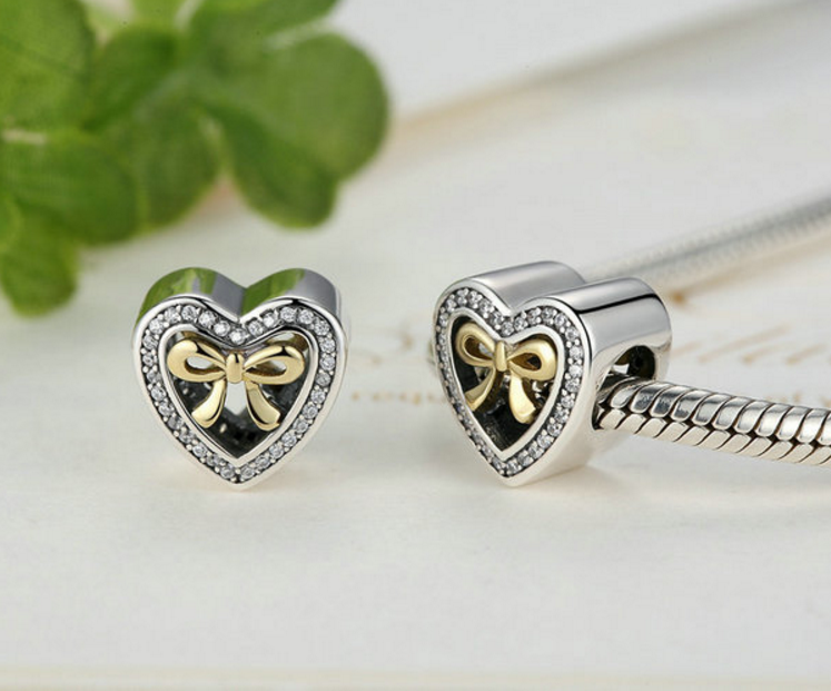 Sterling 925 silver charm gold tie heart bead pendant fits Pandora charm and European charm bracelet Xaxe.com