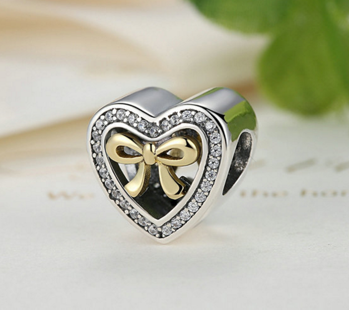 Sterling 925 silver charm gold tie heart bead pendant fits Pandora charm and European charm bracelet Xaxe.com