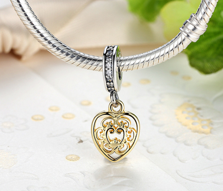 Sterling 925 silver charm gold tone heart bead pendant fits European bracelet Xaxe.com