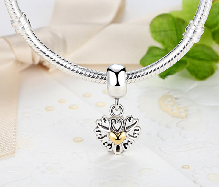 Sterling 925 silver charm golden love bead pendant fits European charm bracelet Xaxe.com