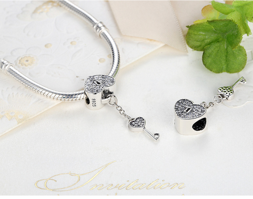 Sterling 925 silver charm heart key lock bead pendant fits Pandora charm and European charm bracelet Xaxe.com