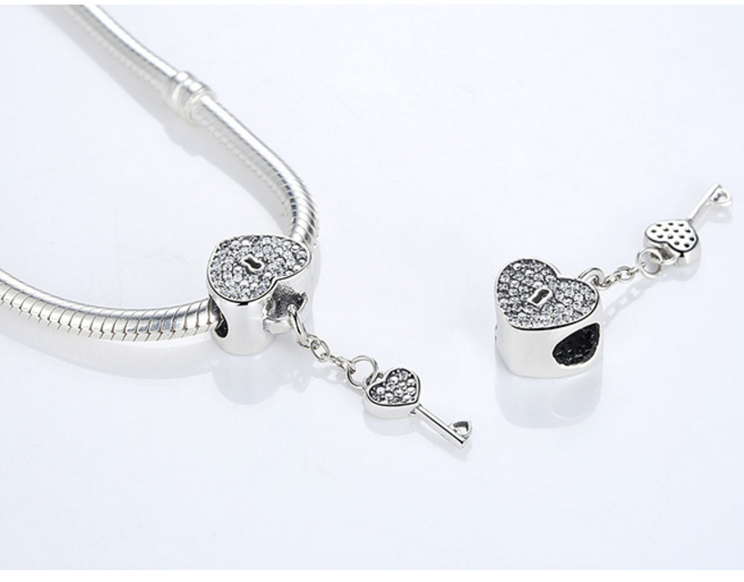 Sterling 925 silver charm heart key lock bead pendant fits Pandora charm and European charm bracelet Xaxe.com