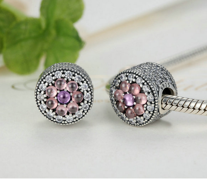 Sterling 925 silver charm pink ball zircon bead pendant fits European charm bracelet Xaxe.com