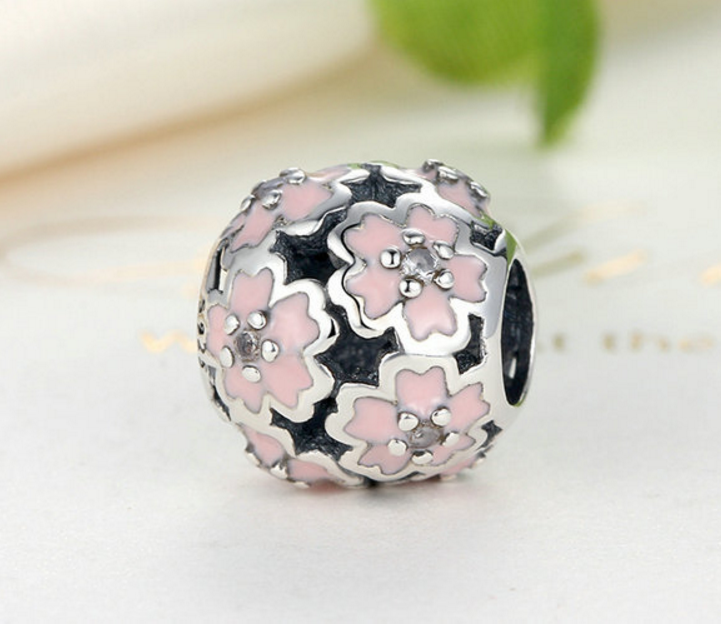 Sterling 925 silver charm pink blossom bead pendant fits Pandora charm and European charm bracelet Xaxe.com