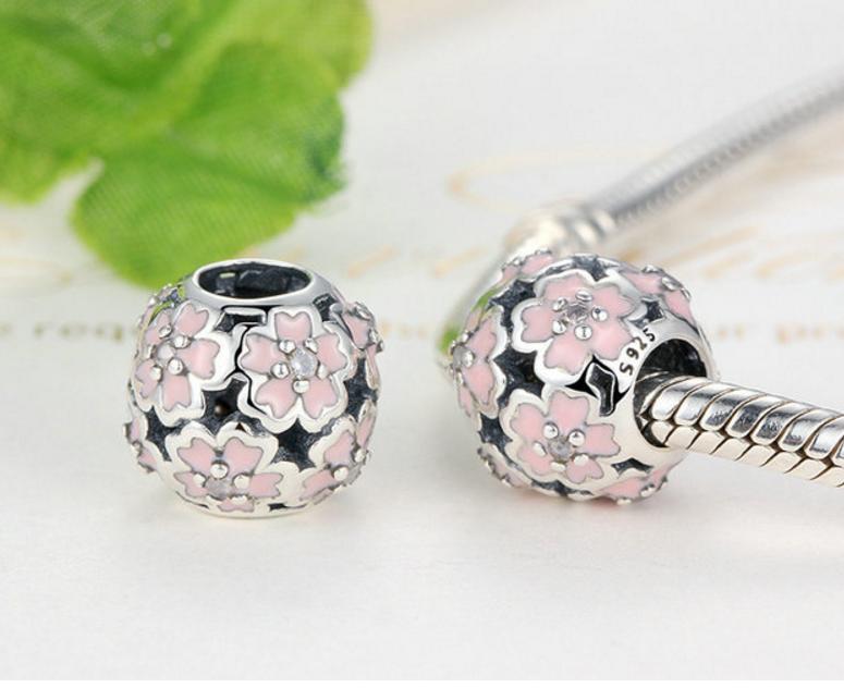 Sterling 925 silver charm pink blossom bead pendant fits Pandora charm and European charm bracelet Xaxe.com