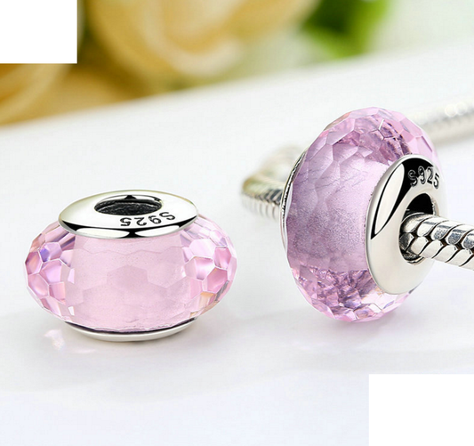 Sterling 925 silver charm pink facet murano bead pendant fits European bracelet Xaxe.com